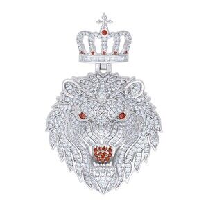 925 Sterling Silver  White Red CZ King Lion Animal Wildlife Charm Pendant